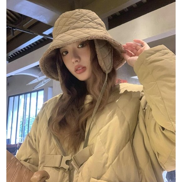 Winter Quilted Bucket Hat Women Down Padding Foldable Earflap Thick Plush main image 5